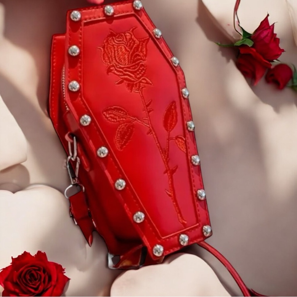 🆕 Gothic Punk Coffin Shaped Novelty Bag - Embroidered Rose - Crossbody - Exotic